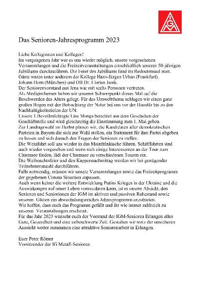 Jahresprogramm 2023 der IG Metall Senioren Erlangen