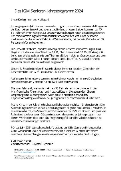 Jahresprogramm 2024 der IG Metall Senioren Erlangen