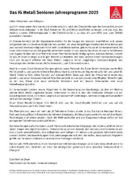 Jahresprogramm 2025 der IG Metall Senioren Erlangen